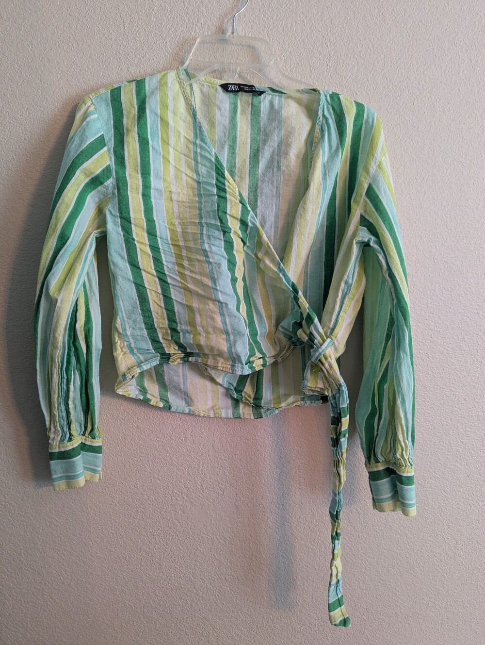 Zara Green and Yellow Striped Wrap Blouse